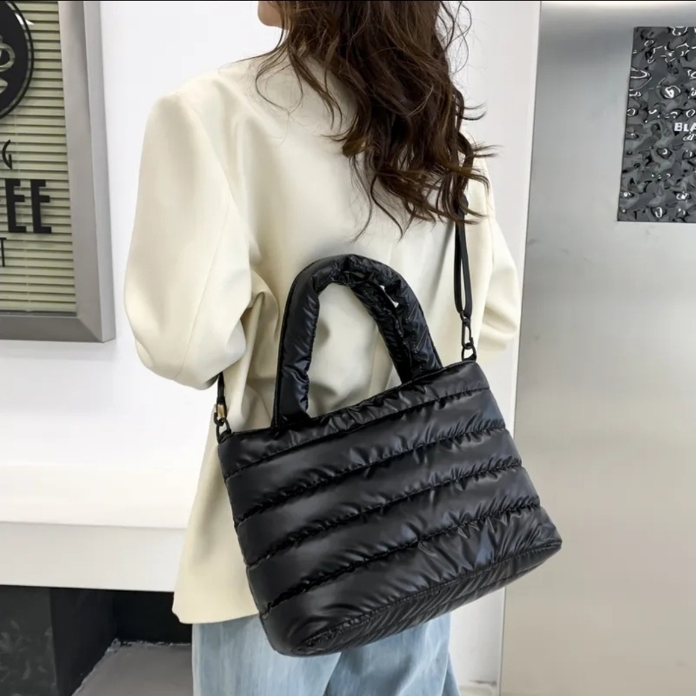 Black Puffer Tote Bag with Shoulder Strap